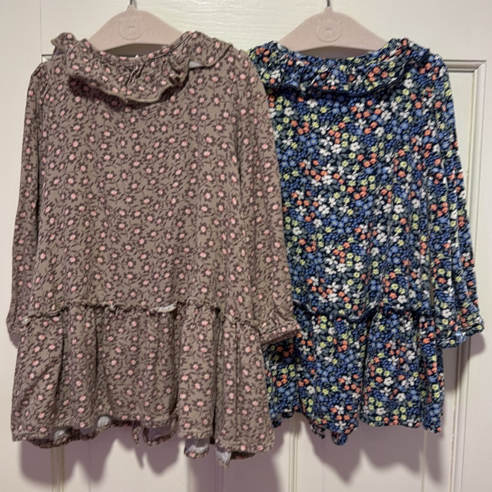 GAP Baby Lightweight Floral Quarter Sleeved ruffle collar Dresses blue Brown 2T - Picture 2 of 12